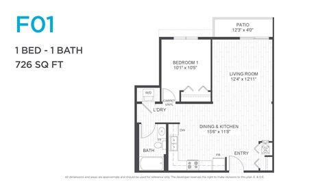 Floor plan for 1 bed, 1 bath, 685 sqft